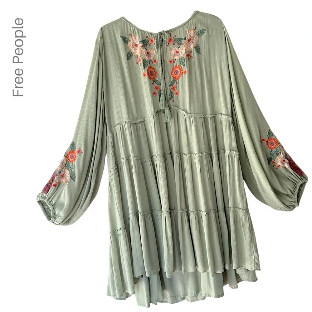 FREE PEOPLE SPELL ON YOU EMBROIDERED DRESS EARTH SAGE TASSEL TIES LINED | LARGE